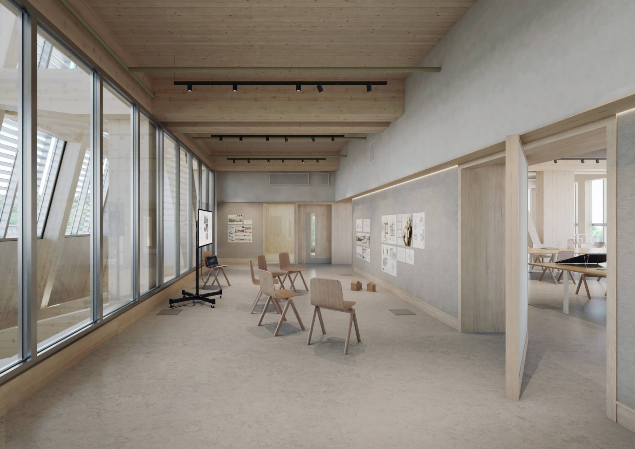 Interior rendering of a mass timber classroom space