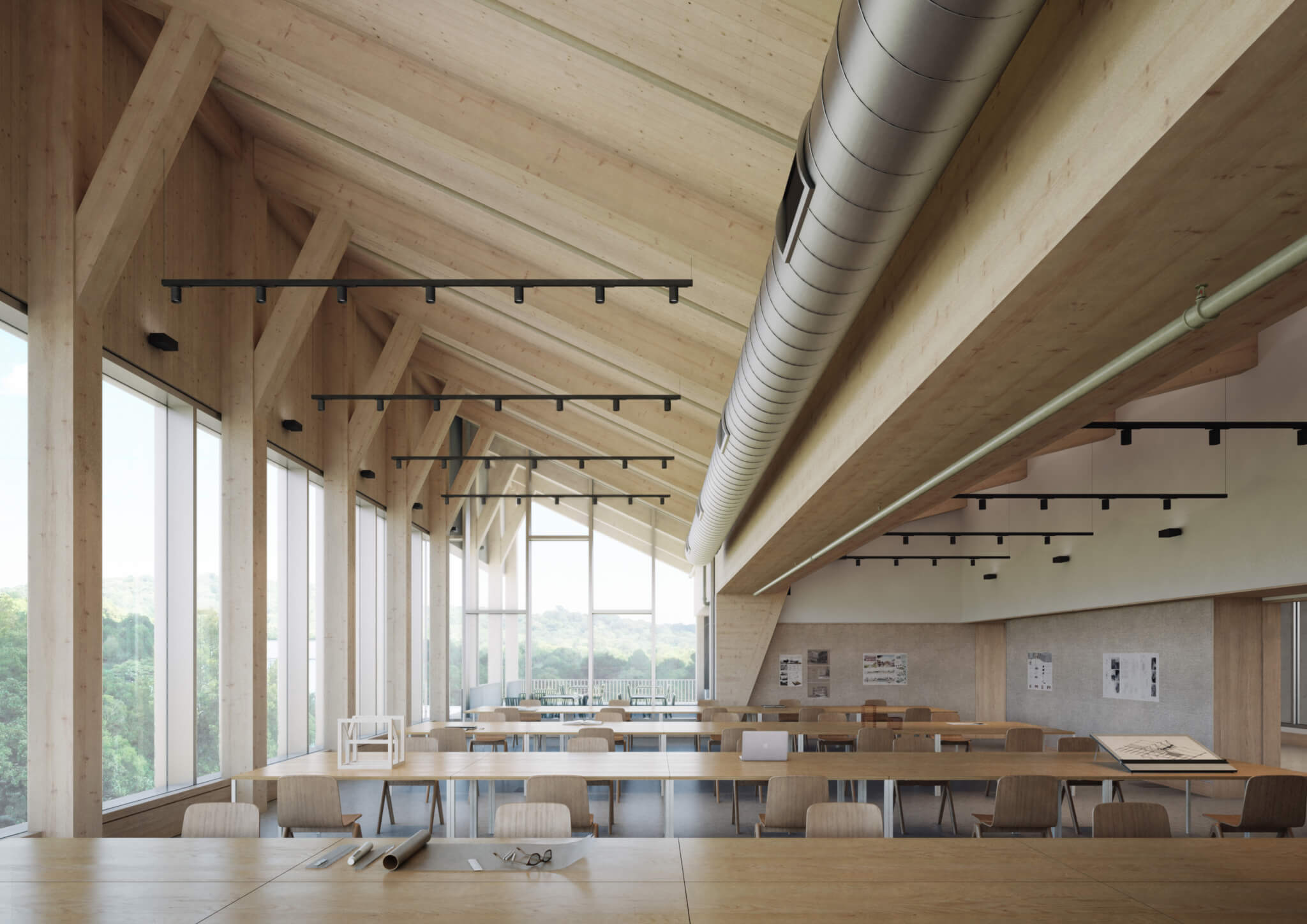 interior rendering of a mass timber classroom space