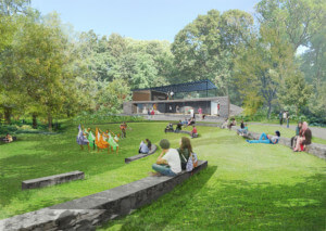 rendering of a park with landscaped amphitheater inside of prospect park