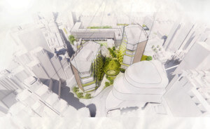 aerial rendering of a planned development in london at the former museum of london site