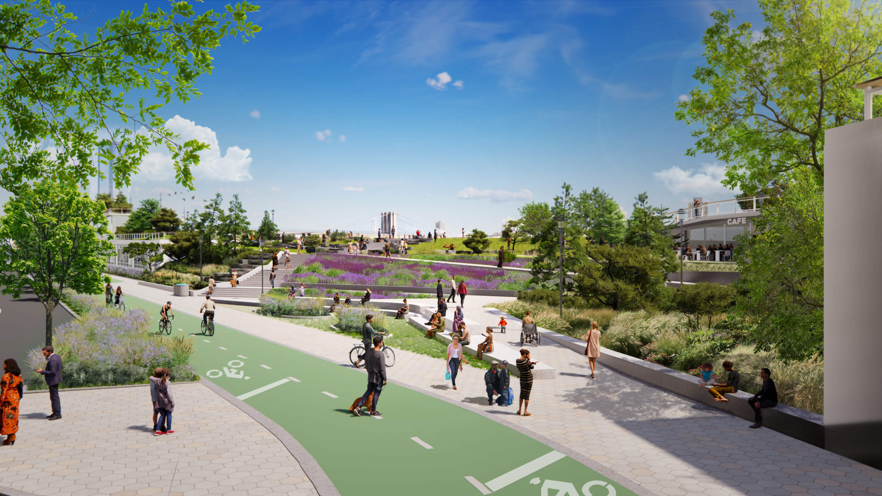 rendering of waterfront parkland with bike and pedestrian paths