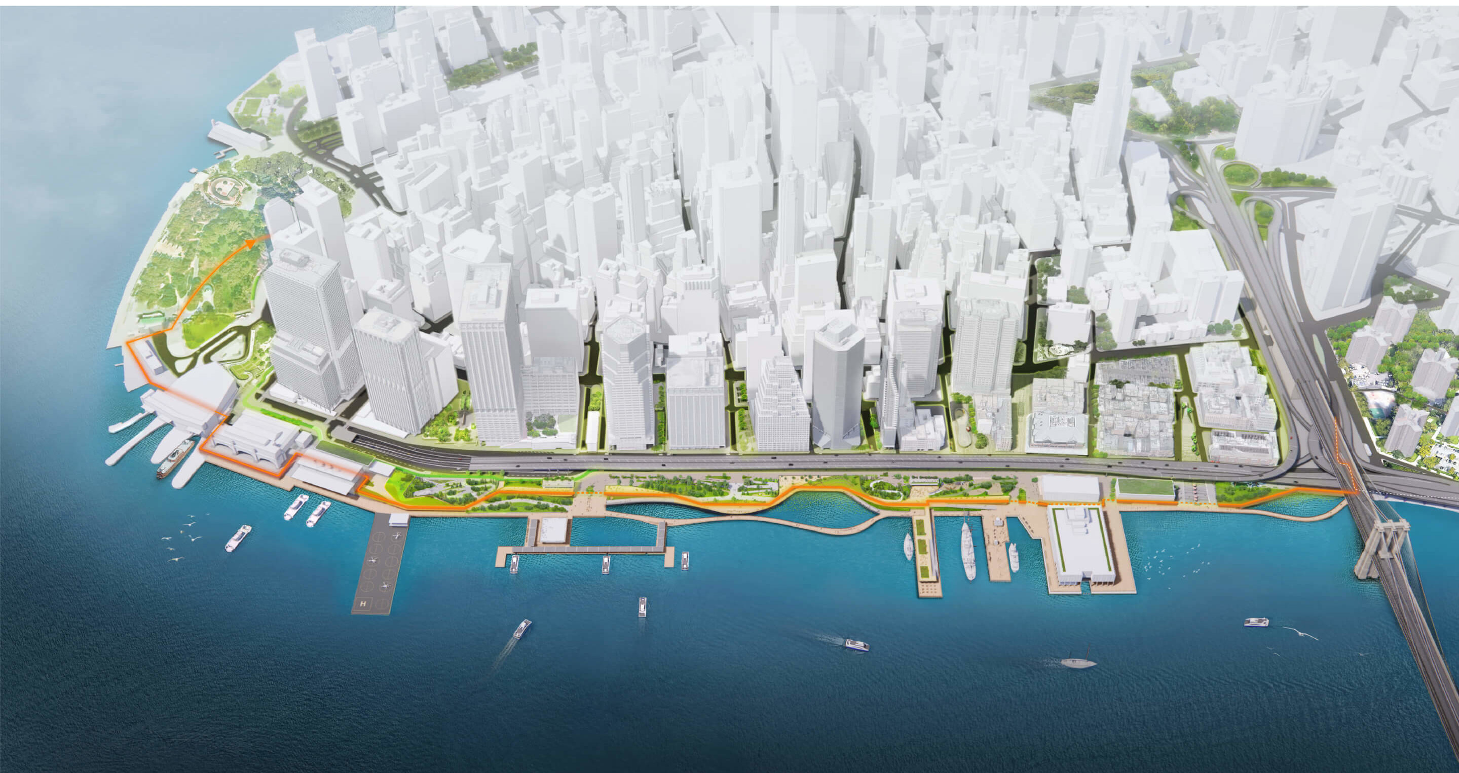 aerial rendering of a waterfront climate resiliency plan for lower manhattan