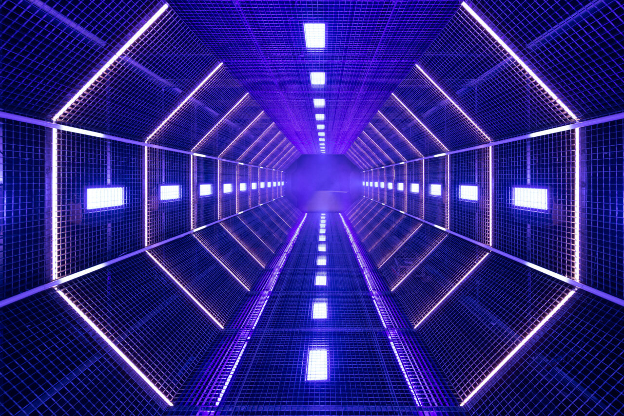 A purple hallway organized in an octagon