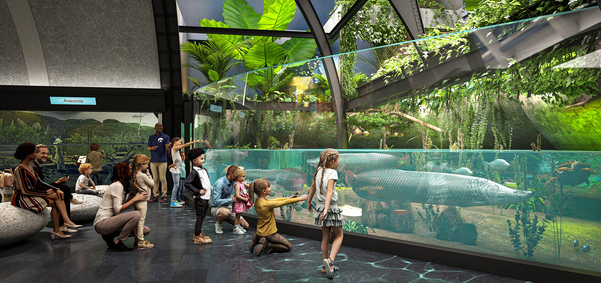 rendering of kids and parents observing an aquarium habitat featuring a very large fish