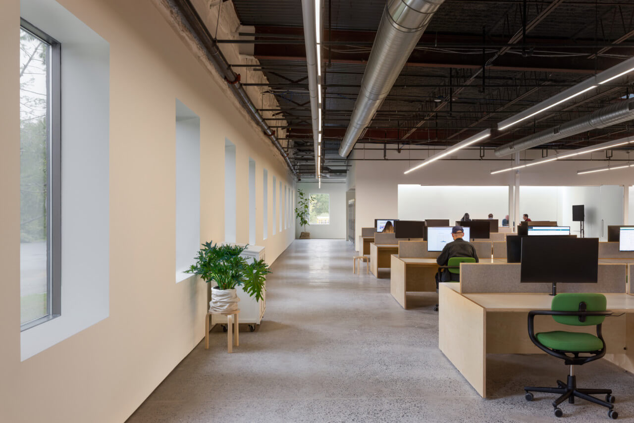 an open office space in a factory