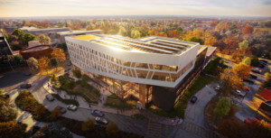 rendering of a mass timber college building surrounded by fall foliage