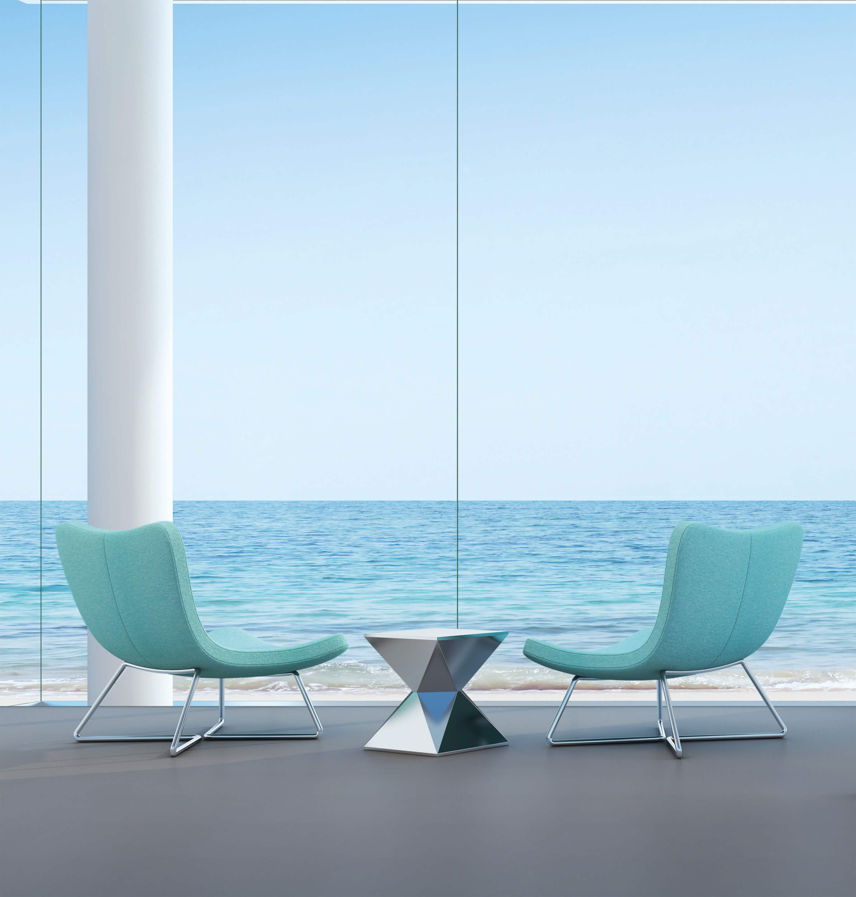 3D rendering of interior with chairs and coffee table in front of the ocean