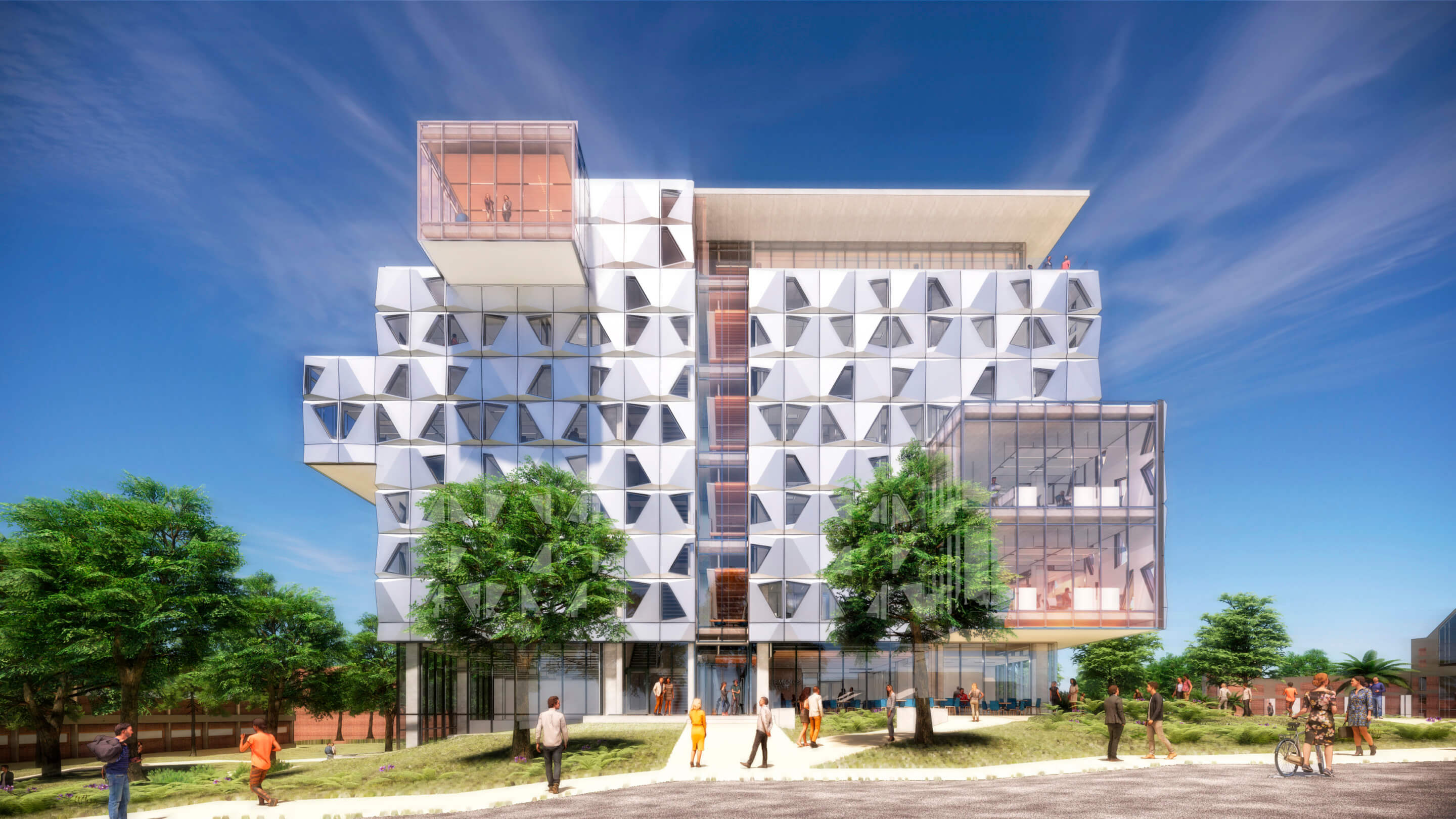 rendering of Malachowsky Hall, with bright metal panels