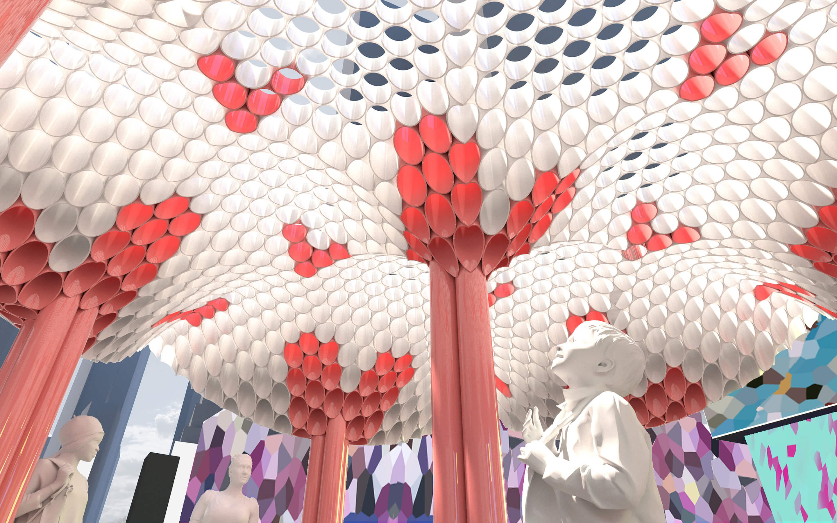 rendering of people gazing upwards at a roof structure made from pv pipe