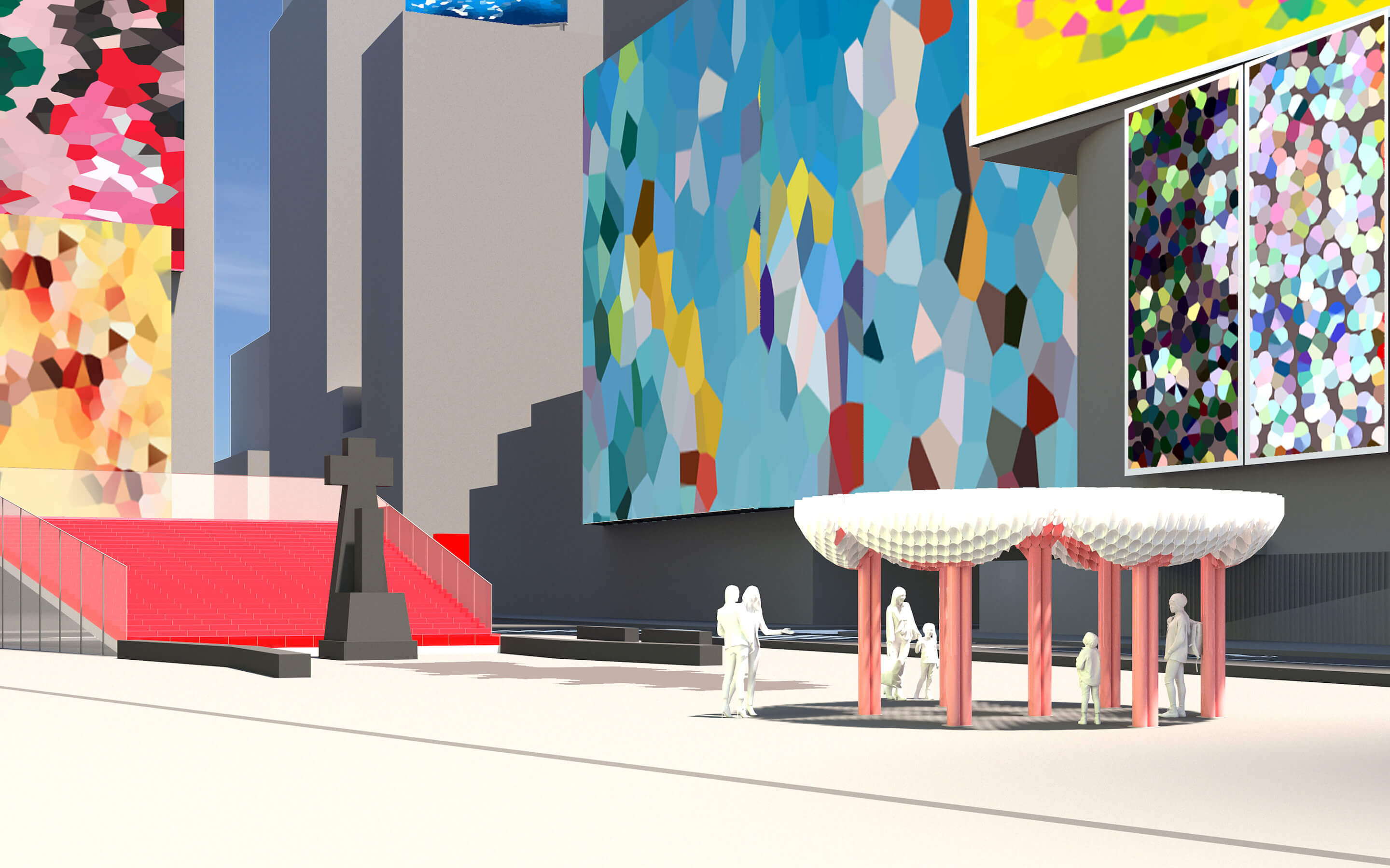 rendering of people standing beneath a heart-shaped pavilion in times square