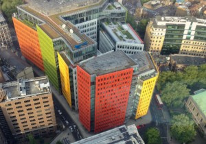 aerial view of a brightly colored london office building, Central Saint Giles