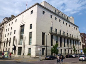 a historic art deco building in london as seen from the street, the HQ of RIBA