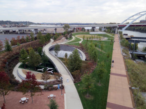 overhead view of a riverside park