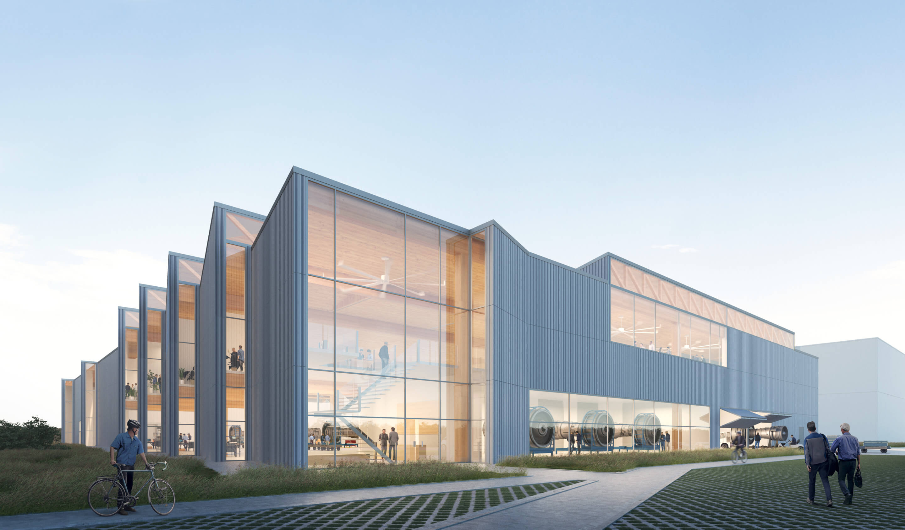 rendering of a sprawling modern factory building with large glazed sections