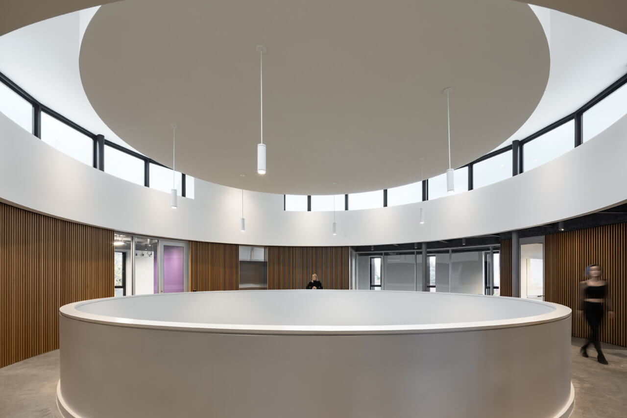 a circular atrium space with clerestory windows