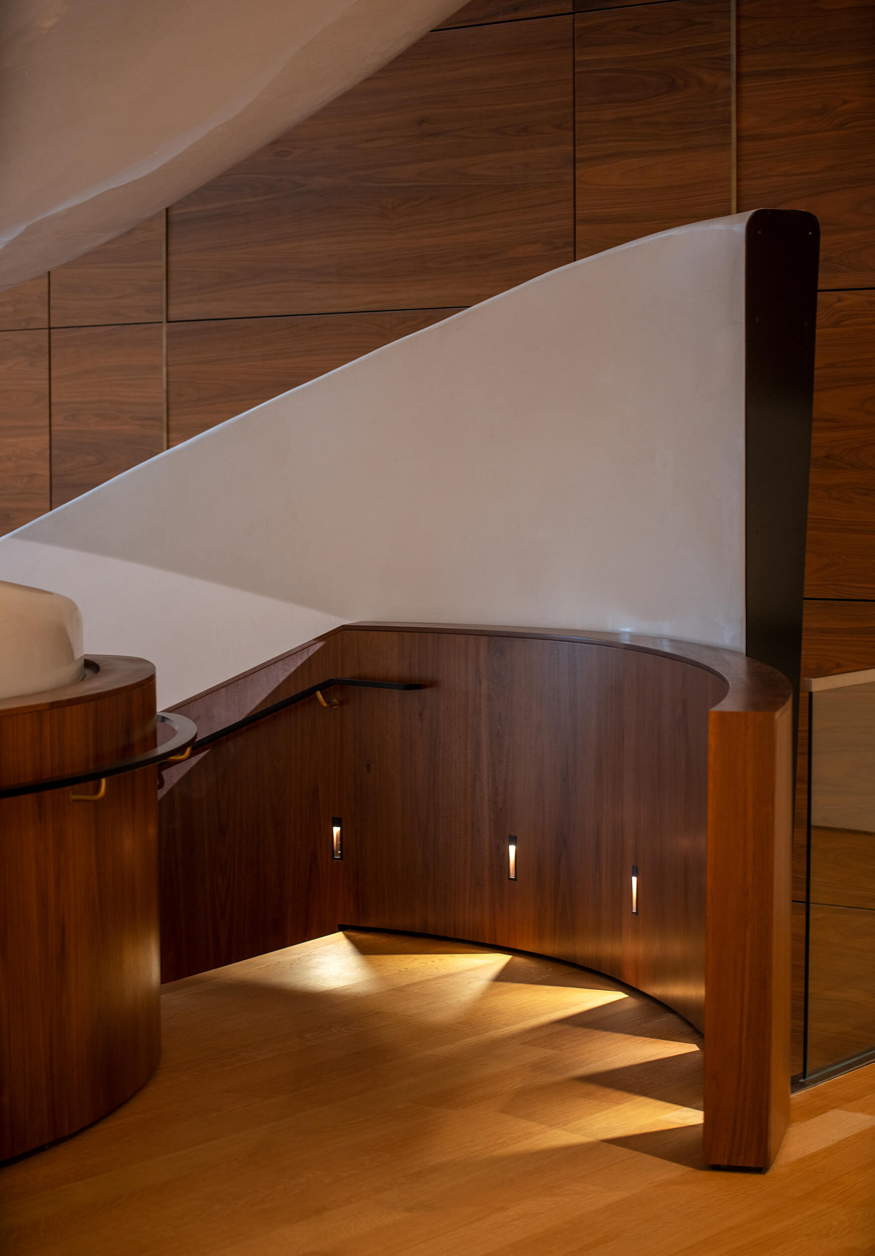 Internal section of a wood clad staircase at the Museum of the American Arts and Crafts Movement