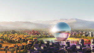 rendering of farmland with a massive mirrored orb