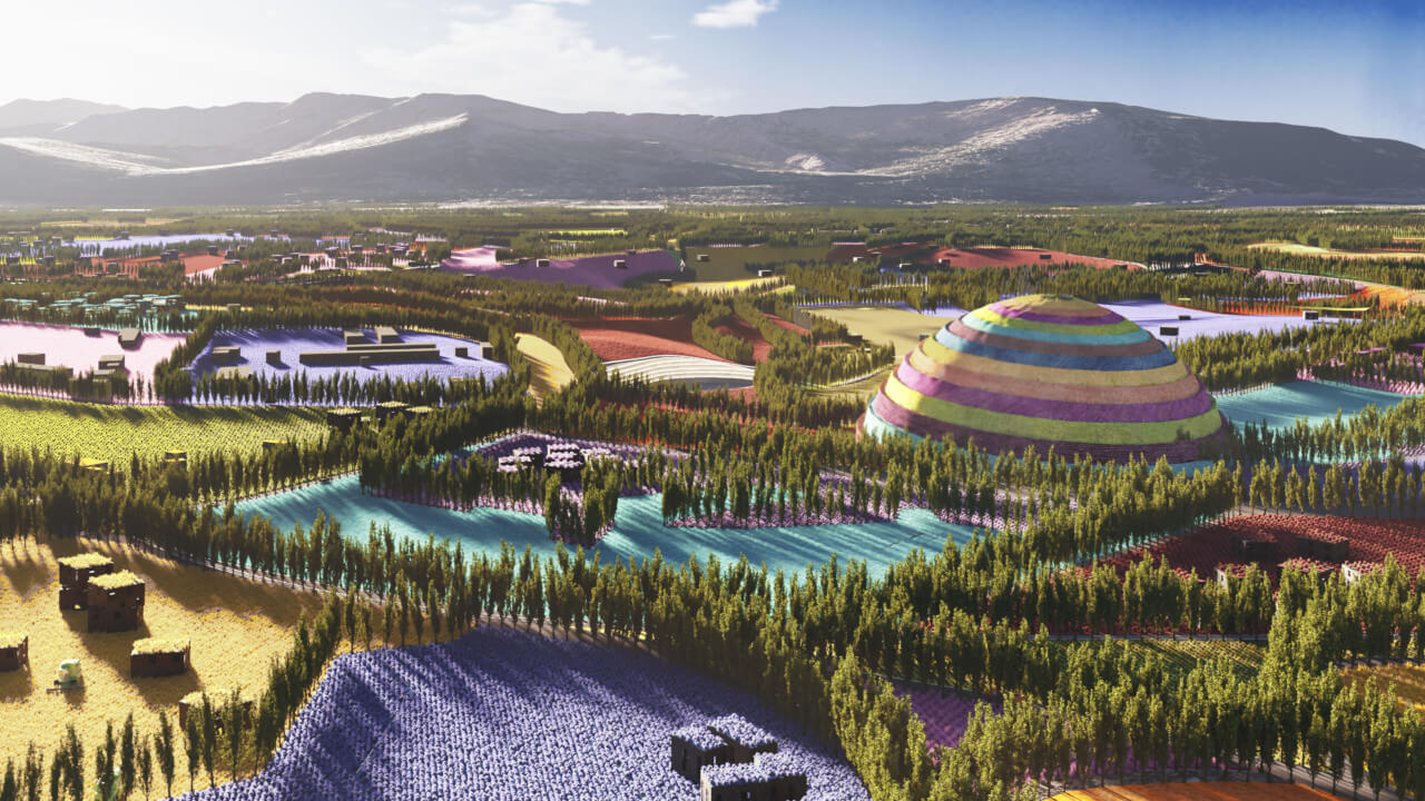 rendering of brightly colored farmland surrounded by mountains