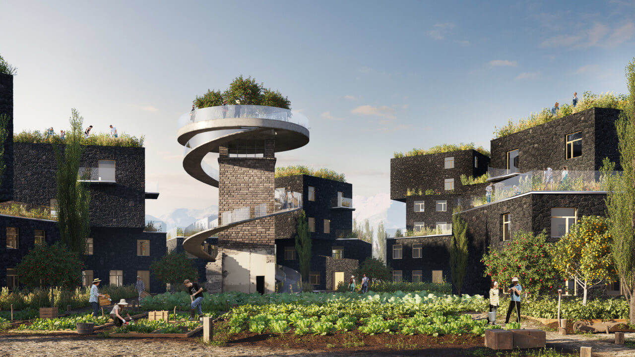 rendering of stacked, green-roofed housing in the country