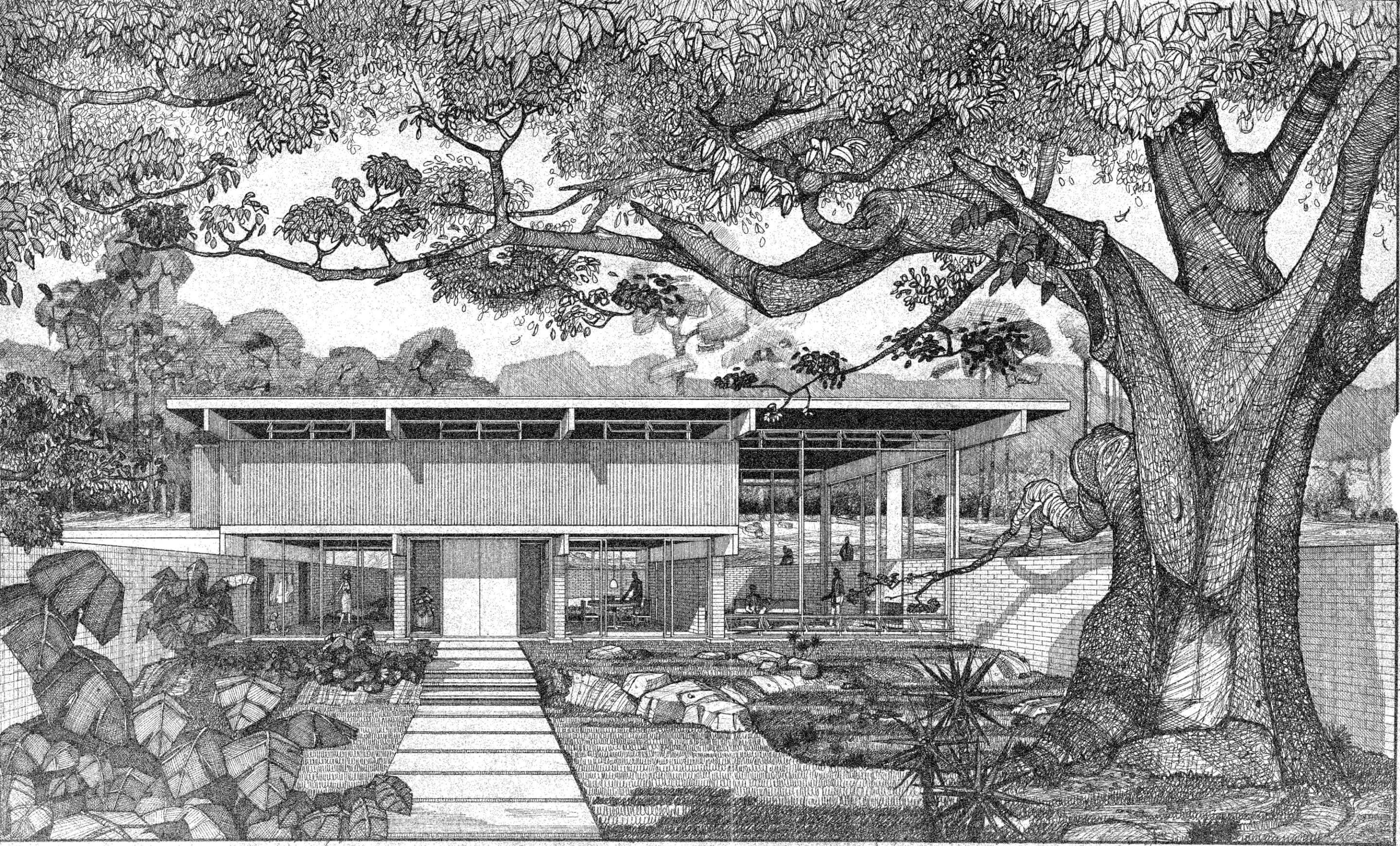 rendering of a flat cantilevered modernism home