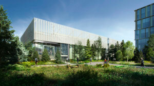 Exterior rendering of a boxy horizontal office building with an upper level wrapped by perforated panels