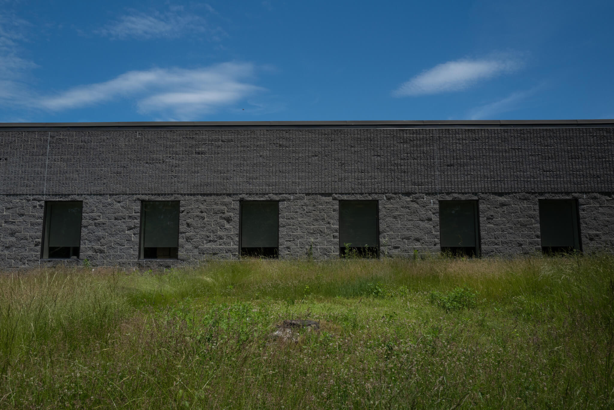 exterior of a low-slung industrial building with grass in foregrand
