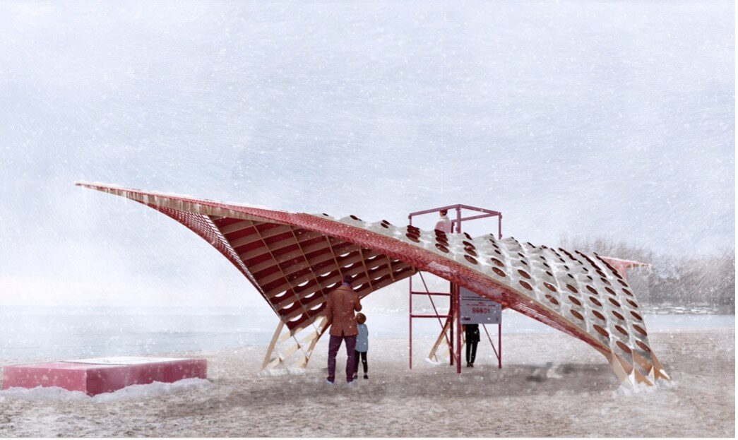 a red, wing-shaped temporary pavilion in the snow