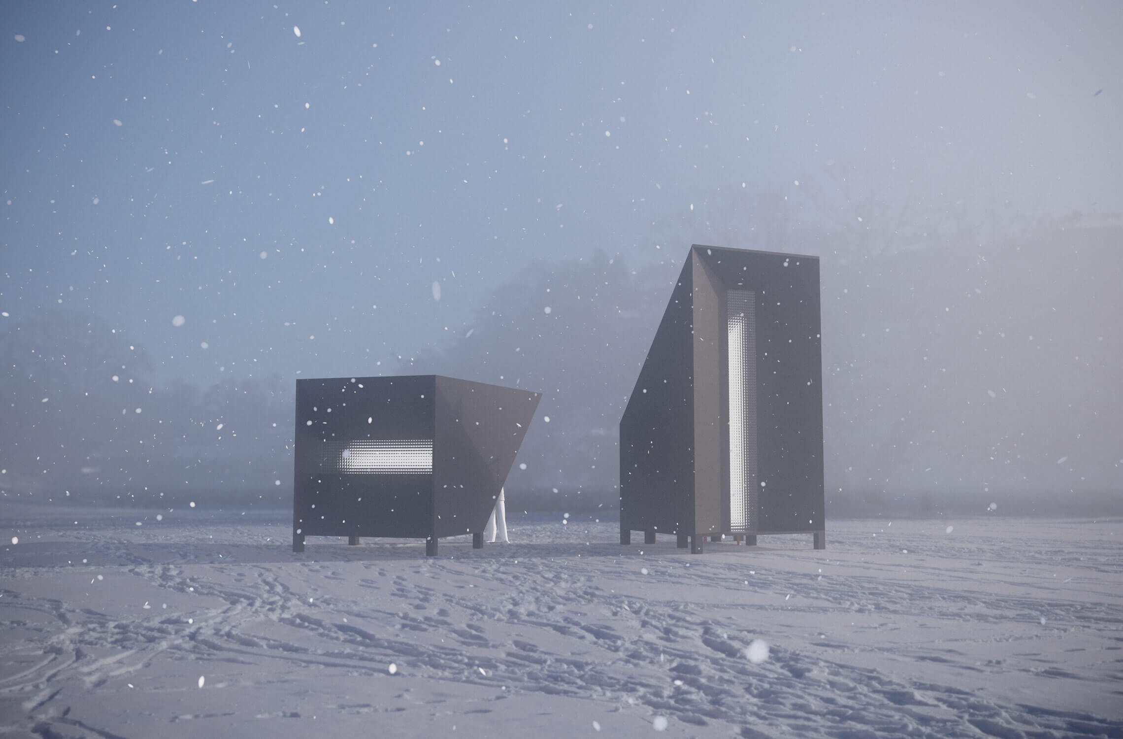 stark, monolithic structures set against a snowy landscape