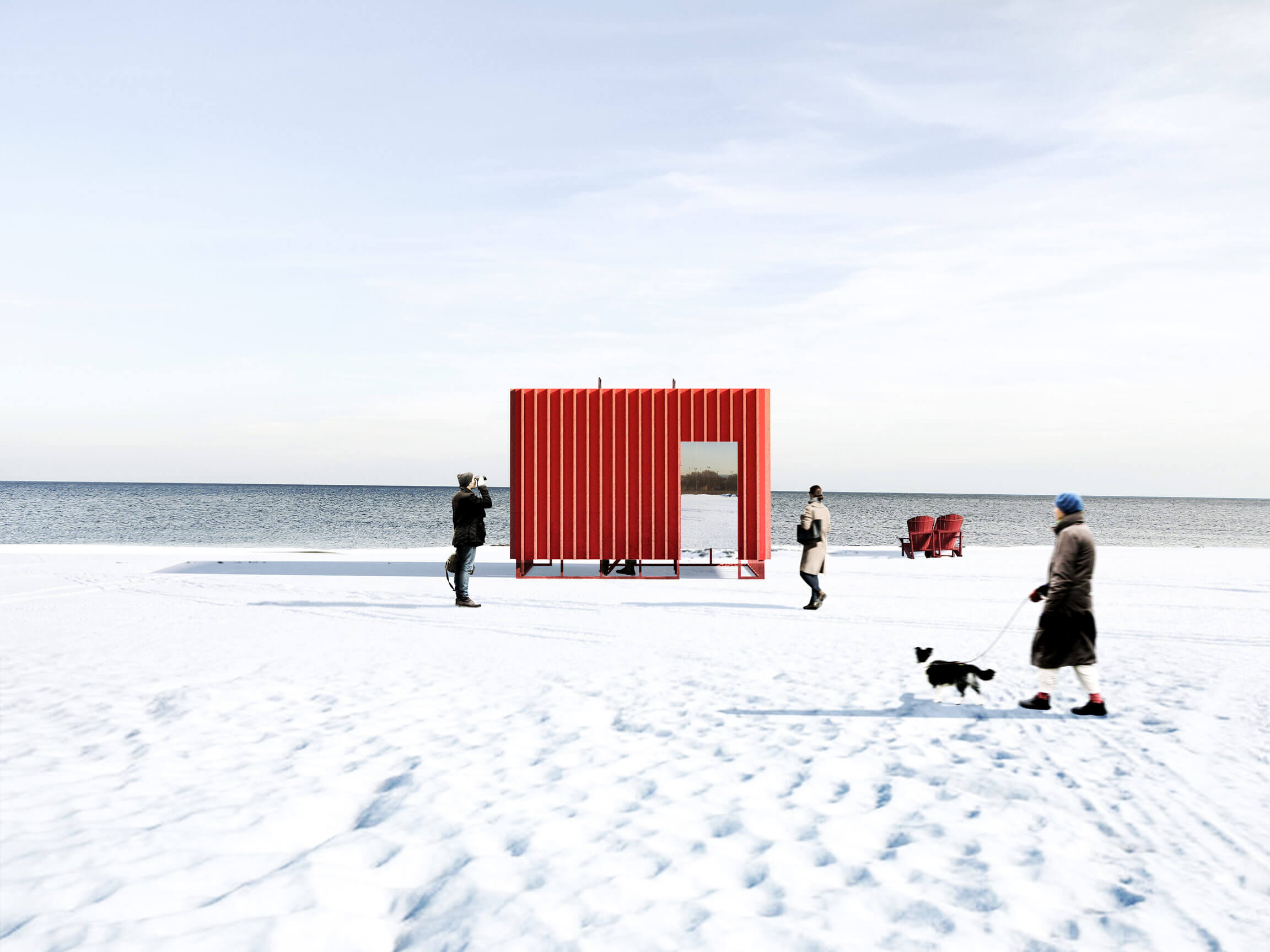 a simple red cube structure on a snowy beach