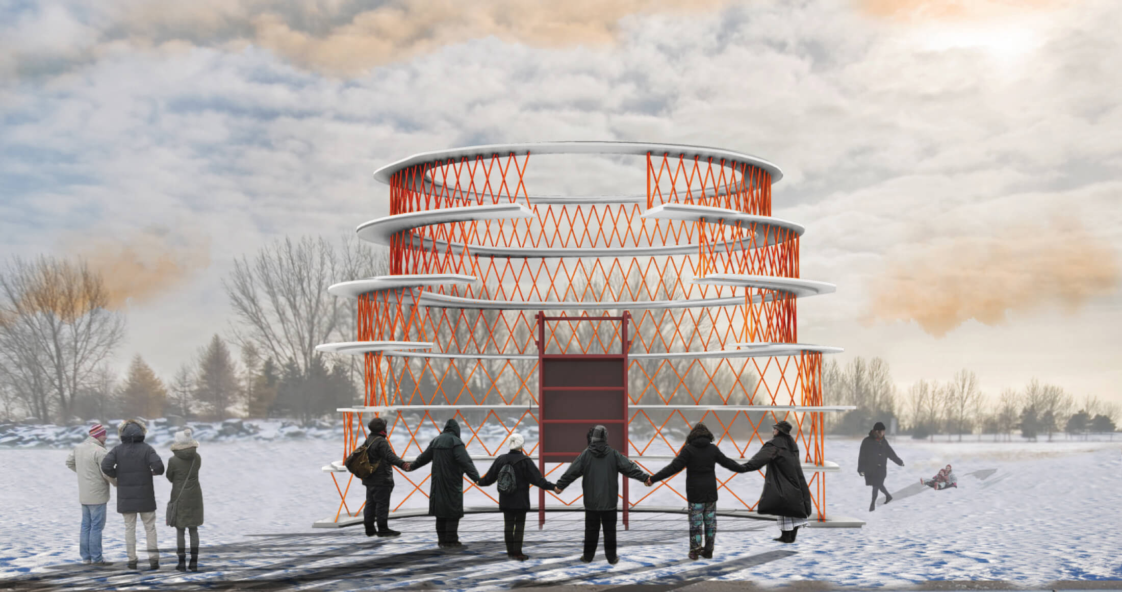 people hold hands around a circular pavilion on a snowy beach