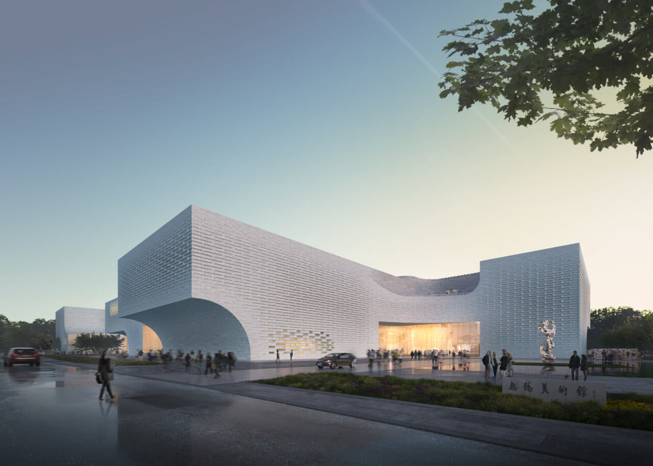 rendering of a stone-like museum building at night