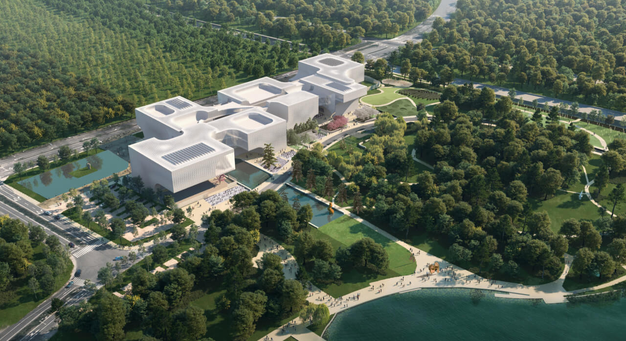 aerial rendering of a lakeside museum-compleex