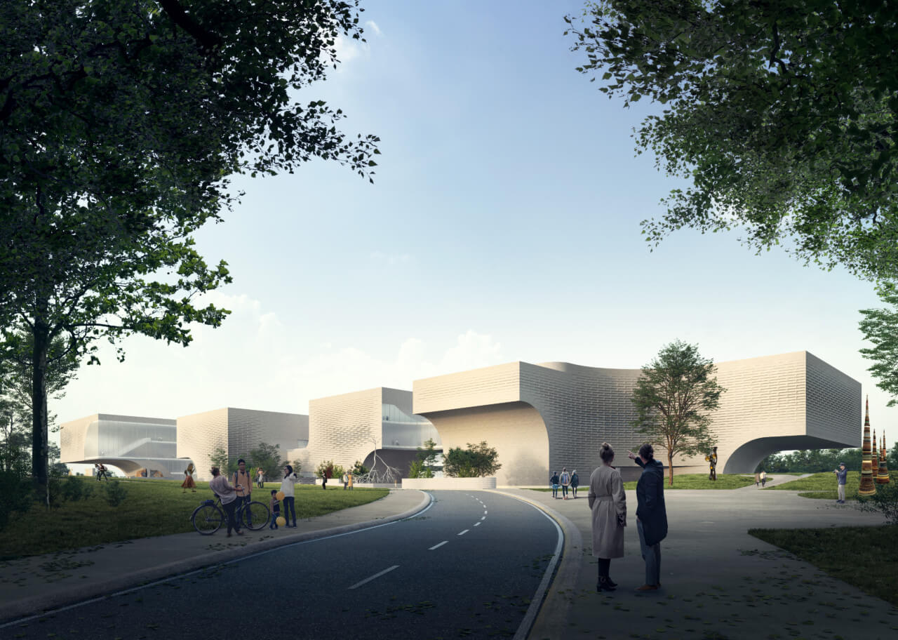 rendering of people approaching a stone-like museum building on a path