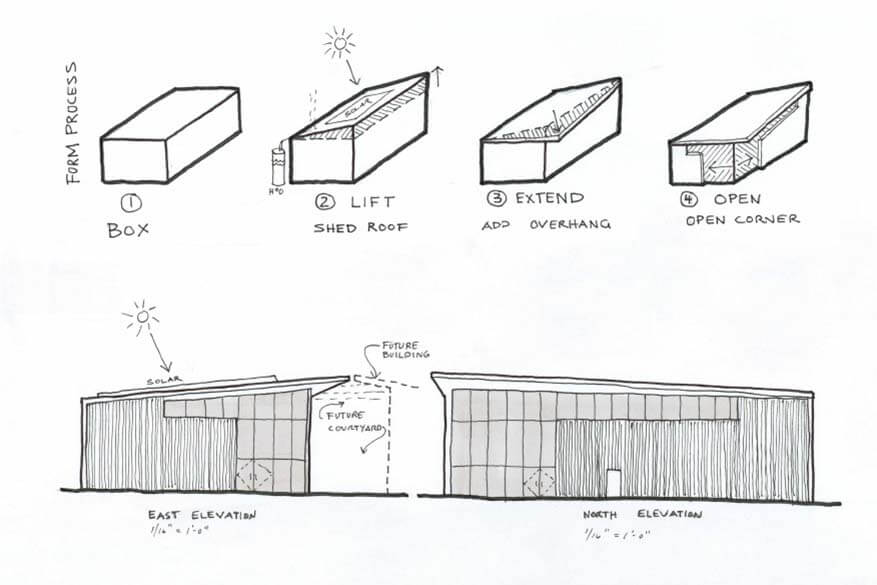 A diagram showing how a shed was converted and cut into an open barn