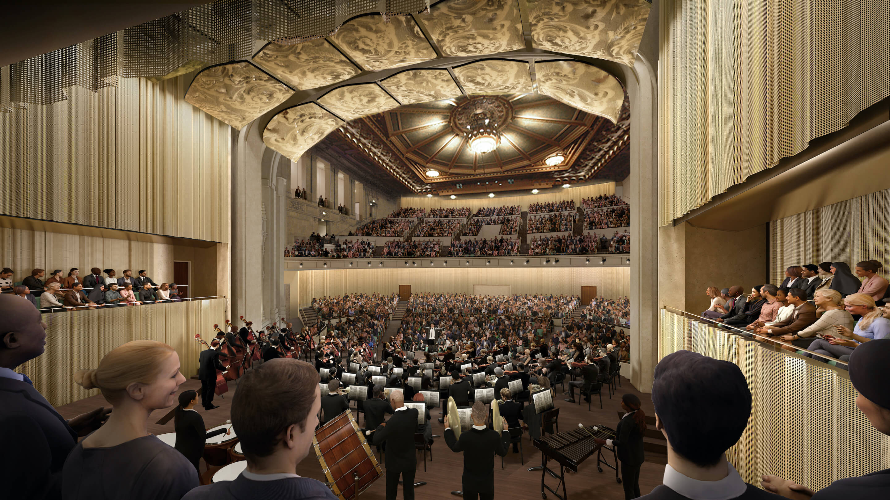 rendering of a renovated concert hall viewed from choral terrace