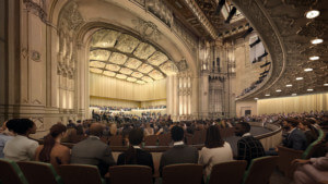 rendering of a concert hall renovation, parterre view