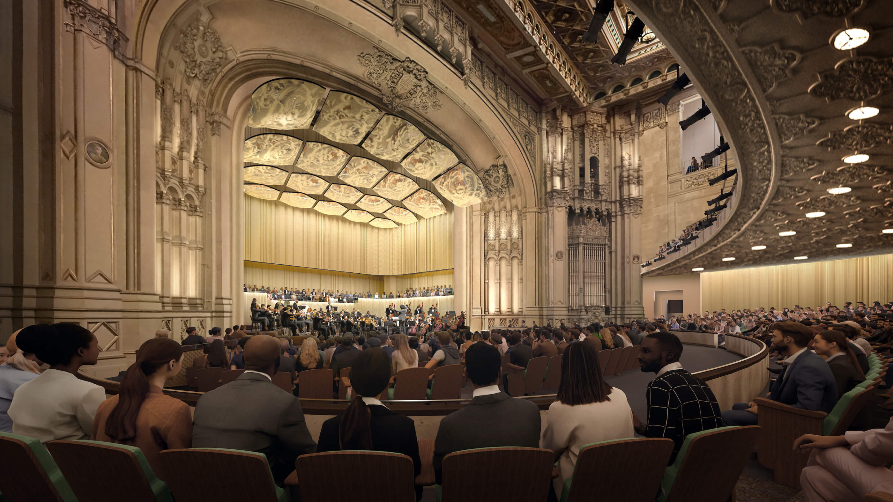 rendering of a concert hall renovation, parterre view of the San Diego Symphony