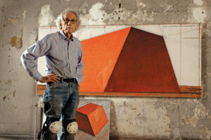 christo in front of a massive drawing of mastaba