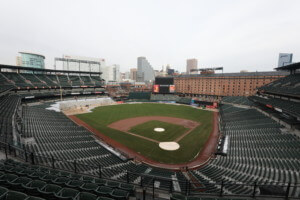 view from behind home plate at the camden yards baseball field