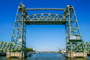 a historic lift bridge on a clear blue day, which will be taken apart for jeff bezos