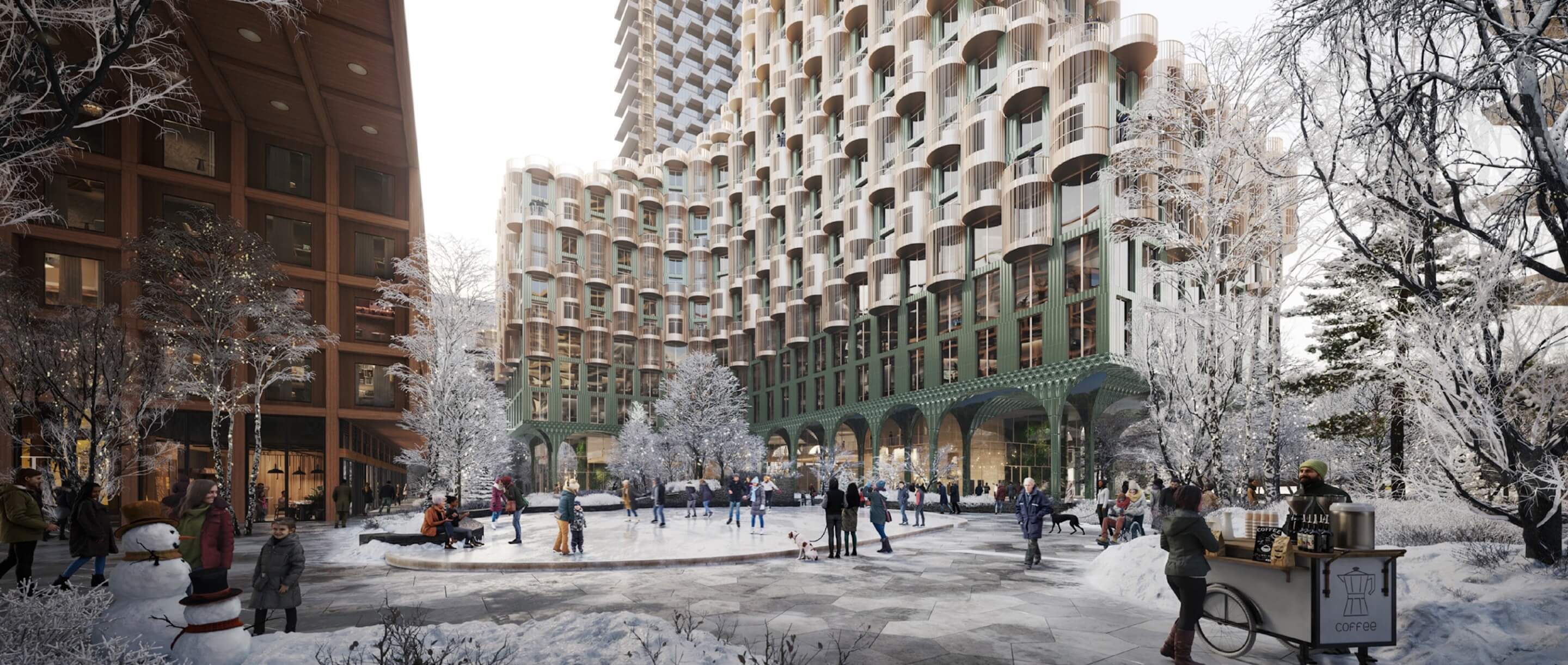 rendering of an urban mixed-use district during winter with ice skating and snowmen