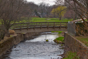 a bucolic park with a footbridge crossing a creek