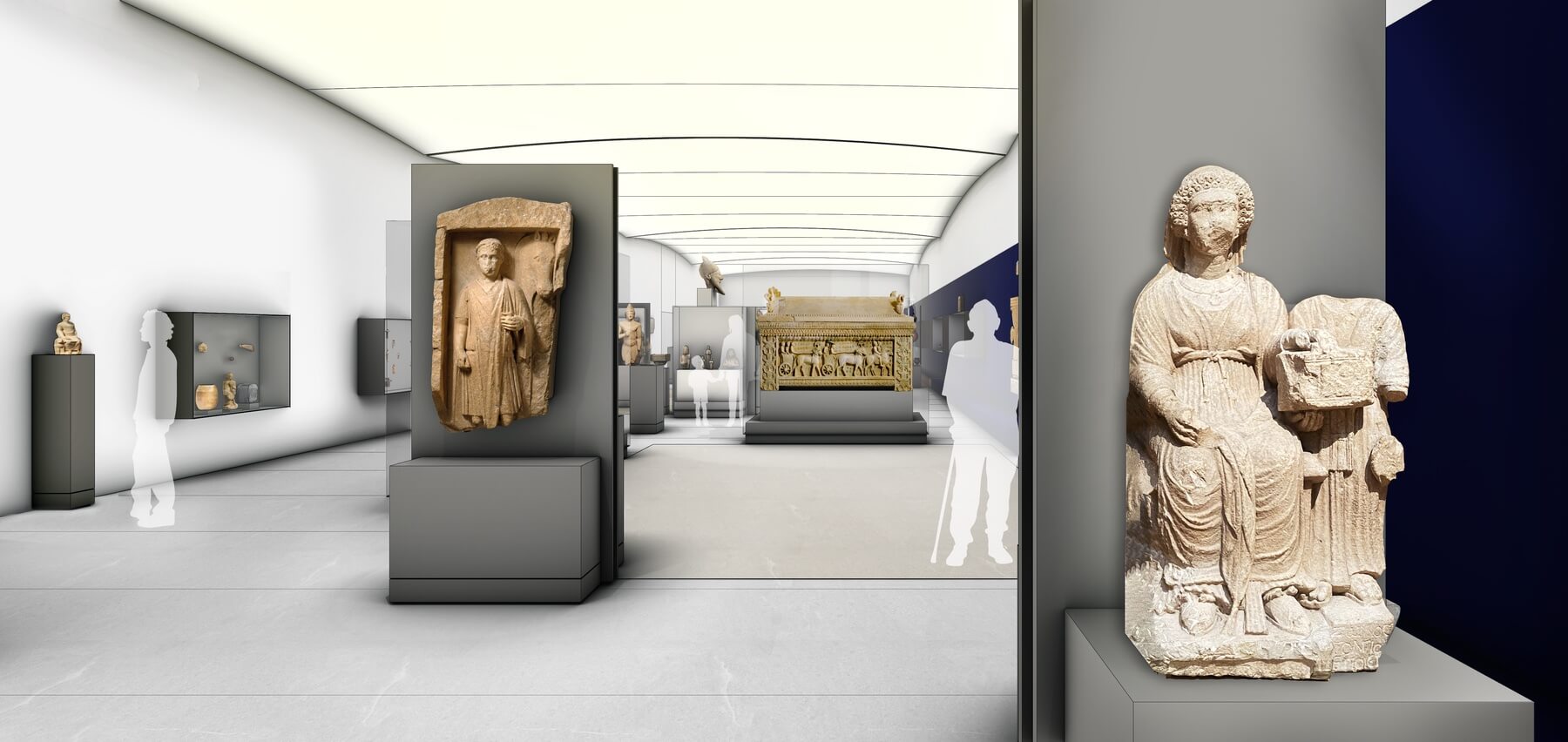 rendering of ancient art on display in a museum gallery
