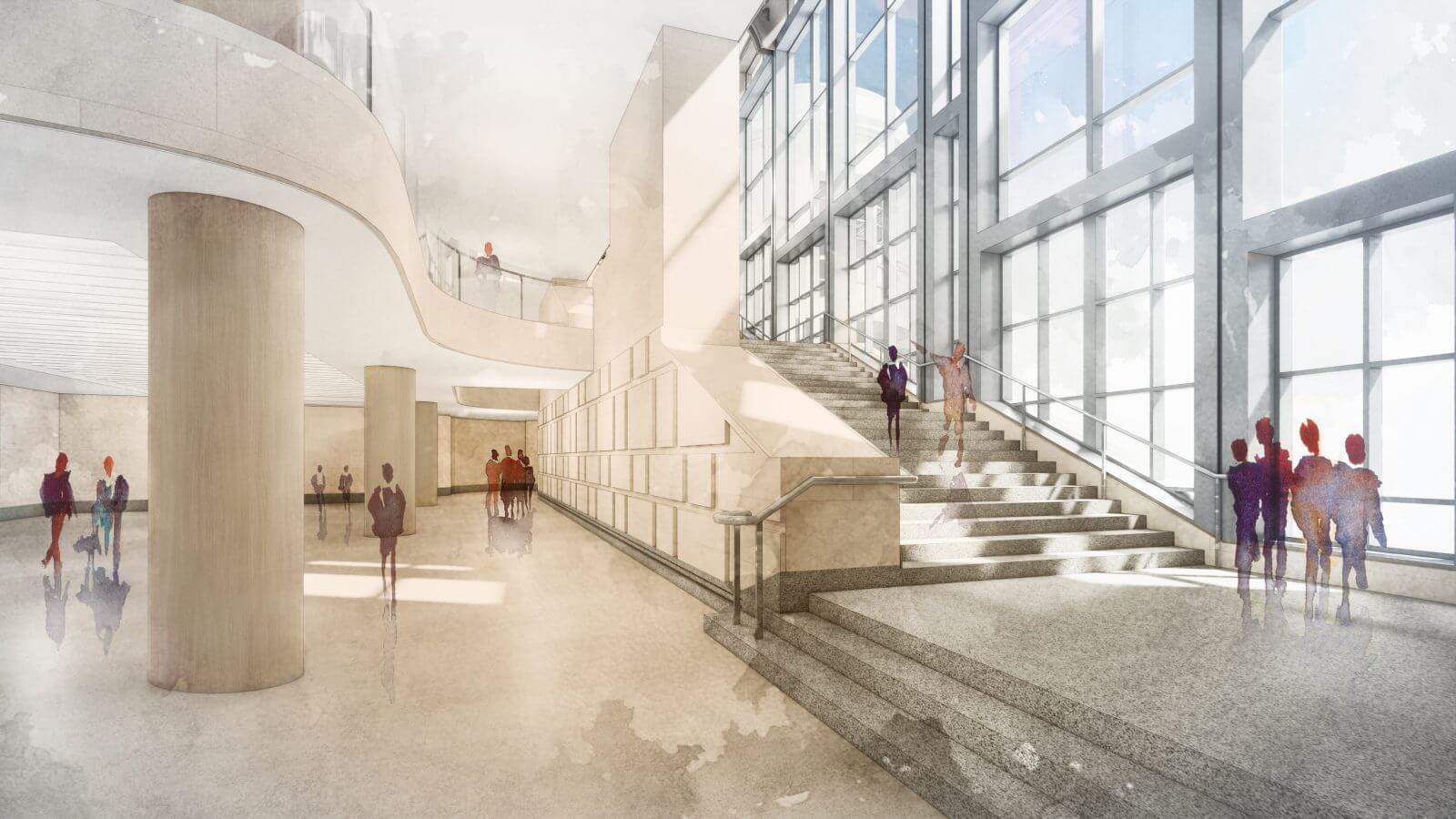 rendering of a revitalized museum lobby