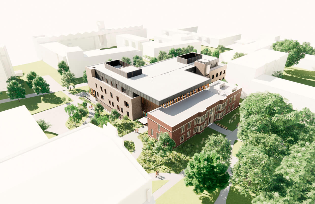 An aerial rendering of a three-pronged academic hall