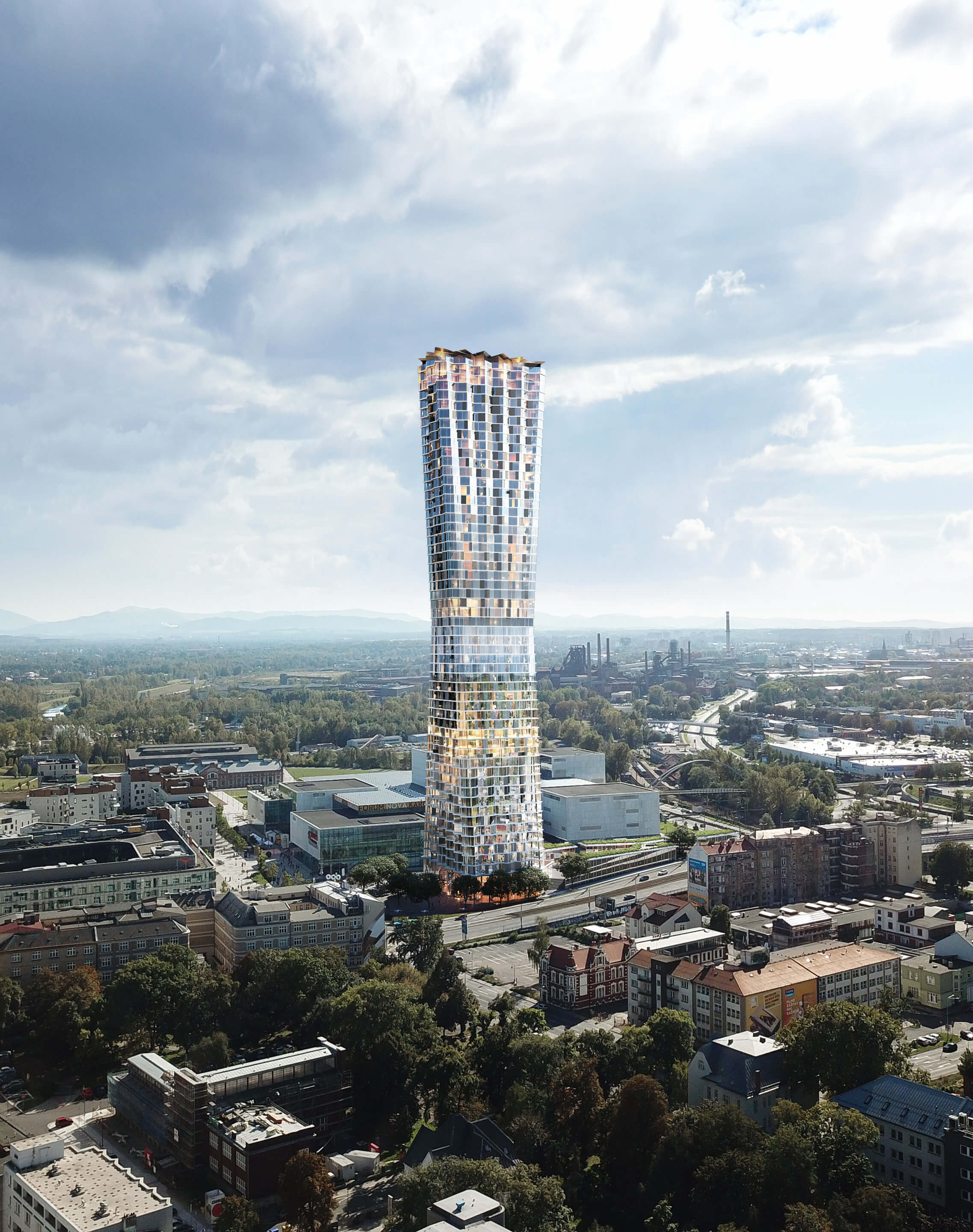 ostrava tower, a tall building cinched at the waste