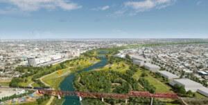 rendering of a large park across the rio grande