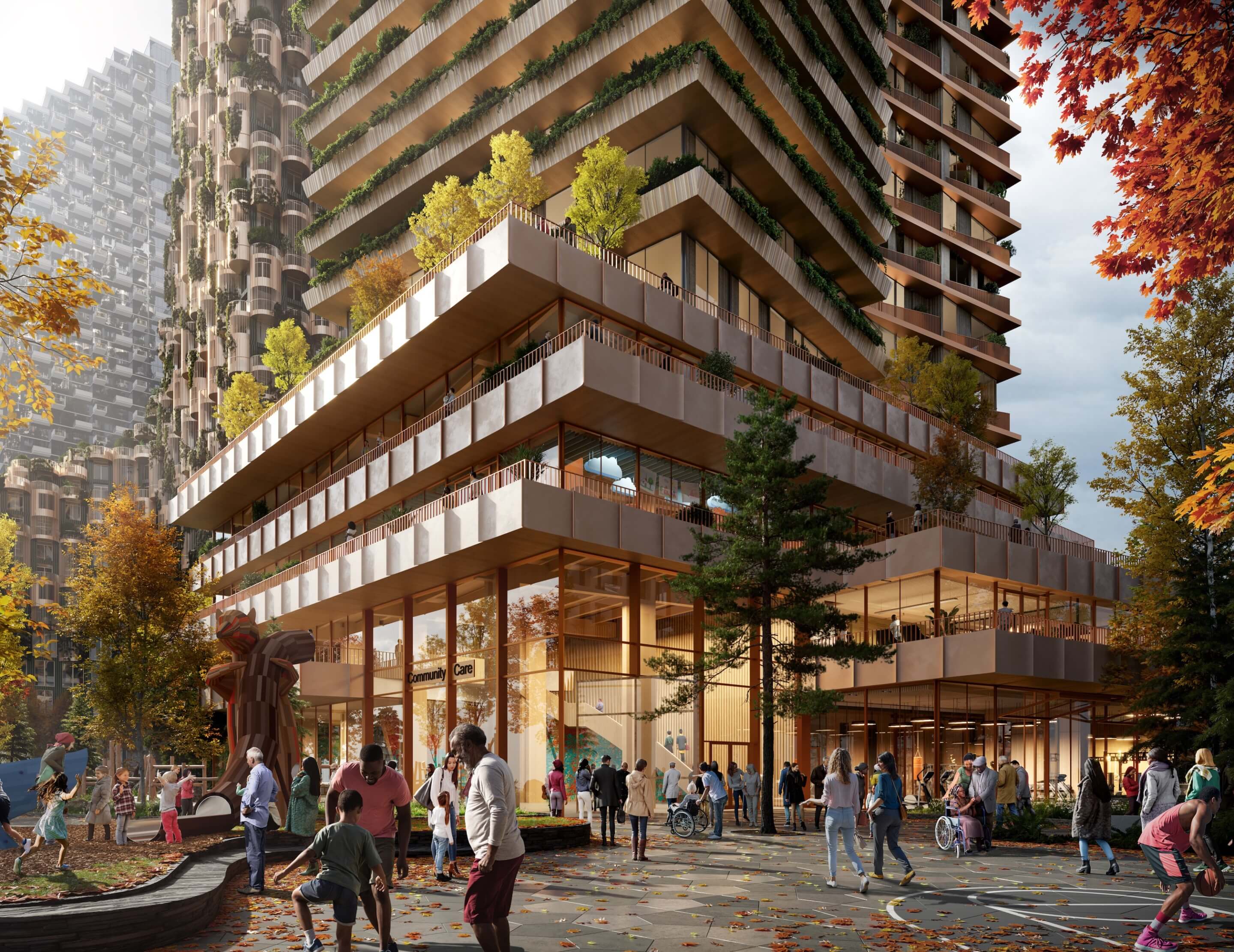 rendering of a busy public plaza and larger timber tower clad in greenery at quayside