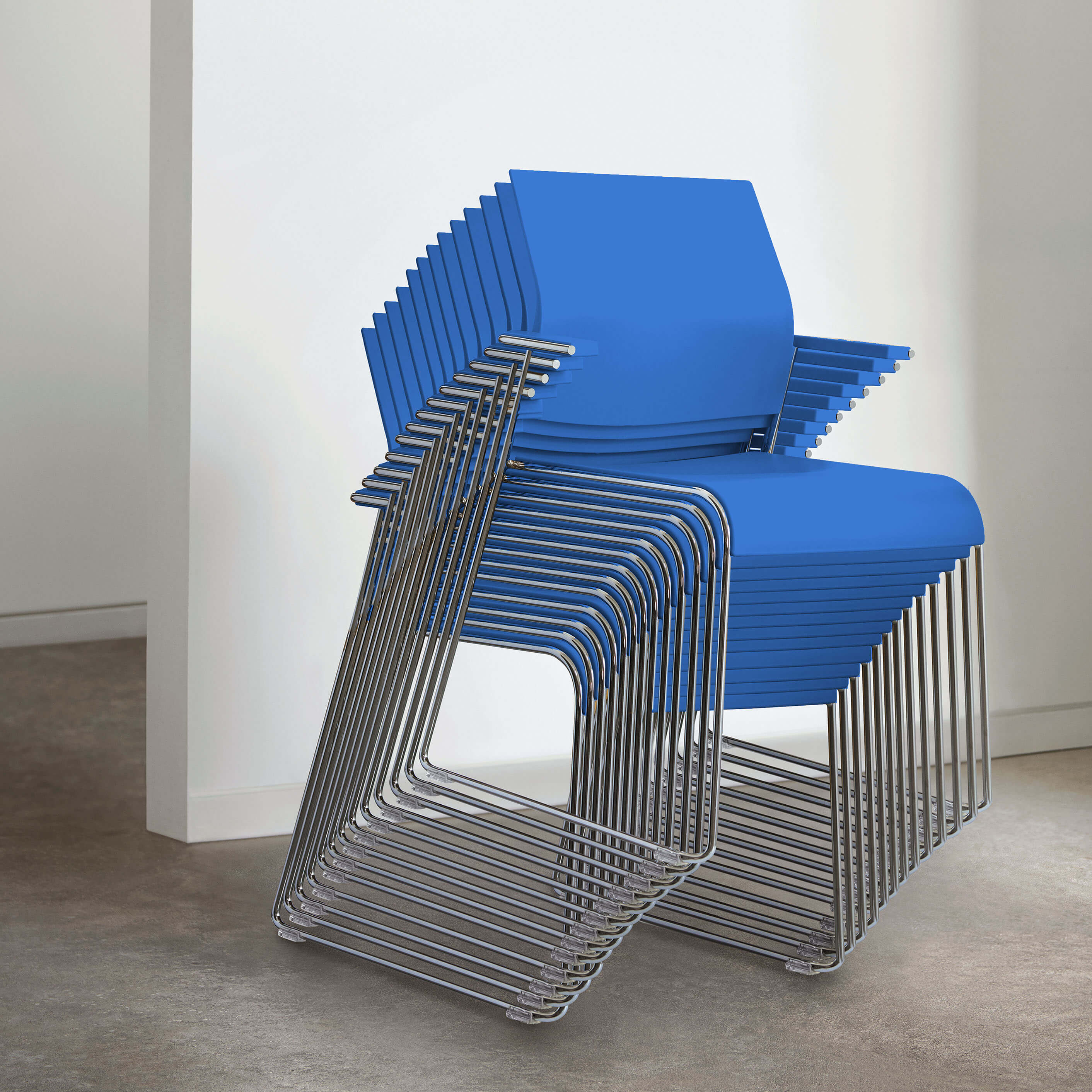 a stack of blue armchairs with metal legs