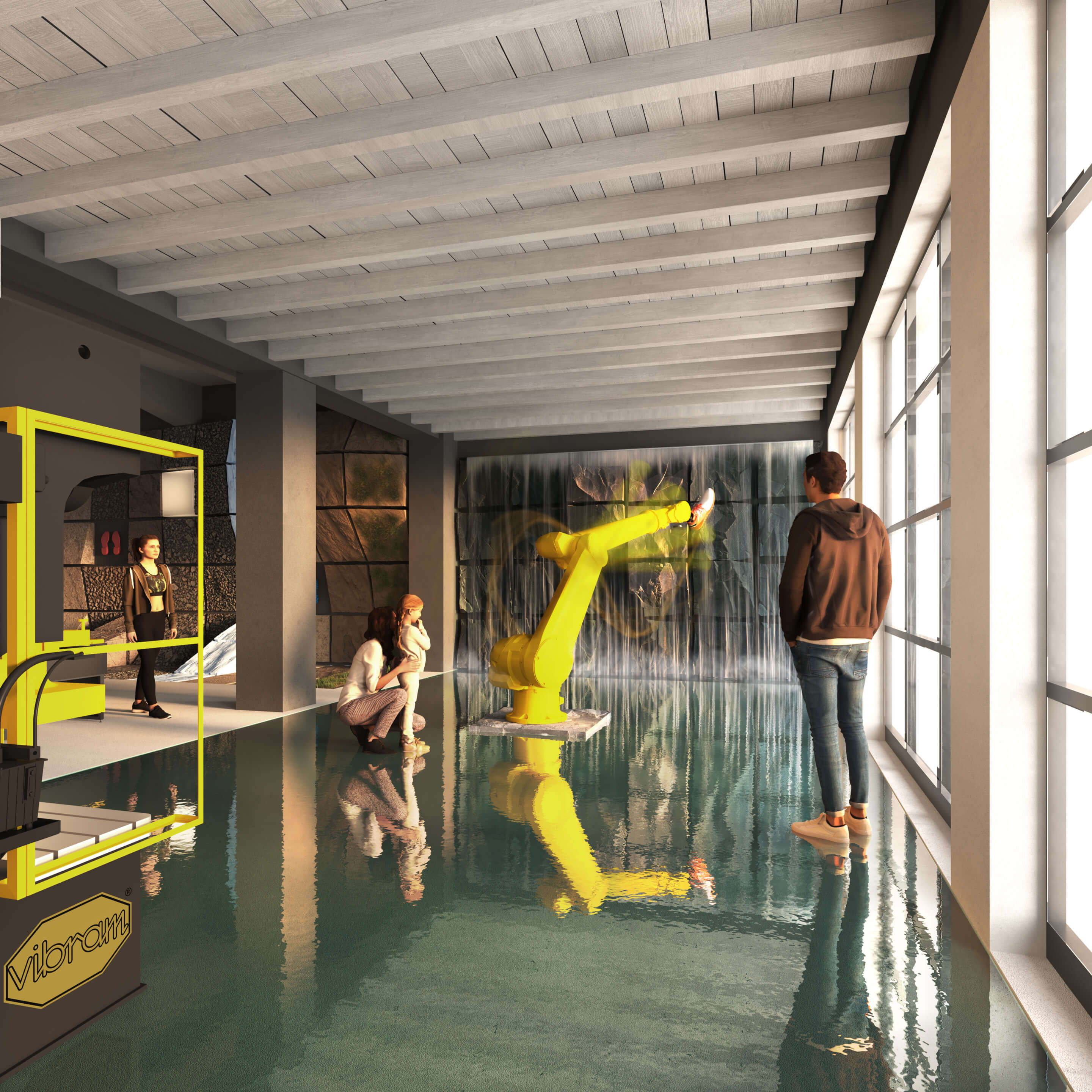 rendering of a footwear testing facility with a yellow robotic arm